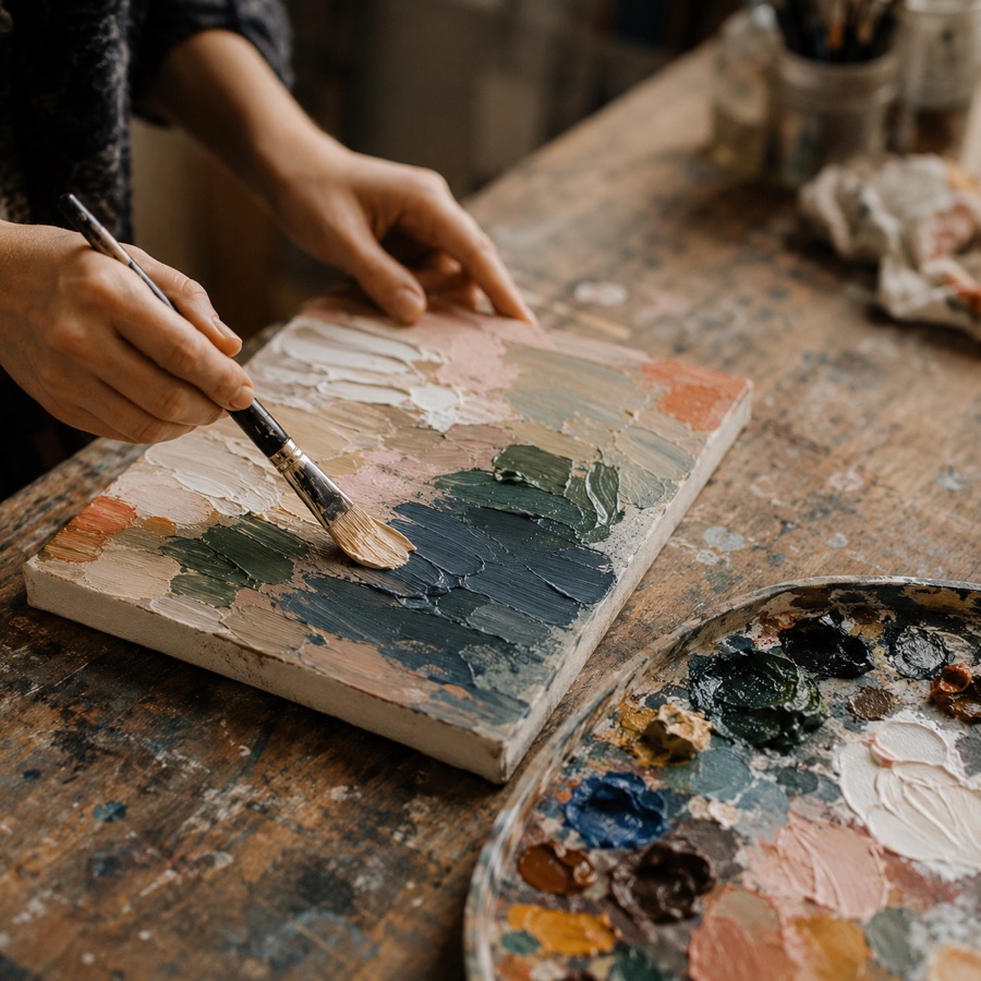 Painting in acrylic on canvas in the studio