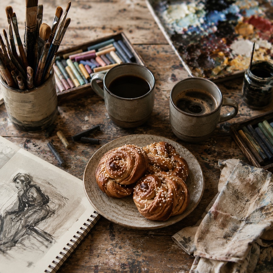 Coffee and cinnamon buns beside art materials in the studio