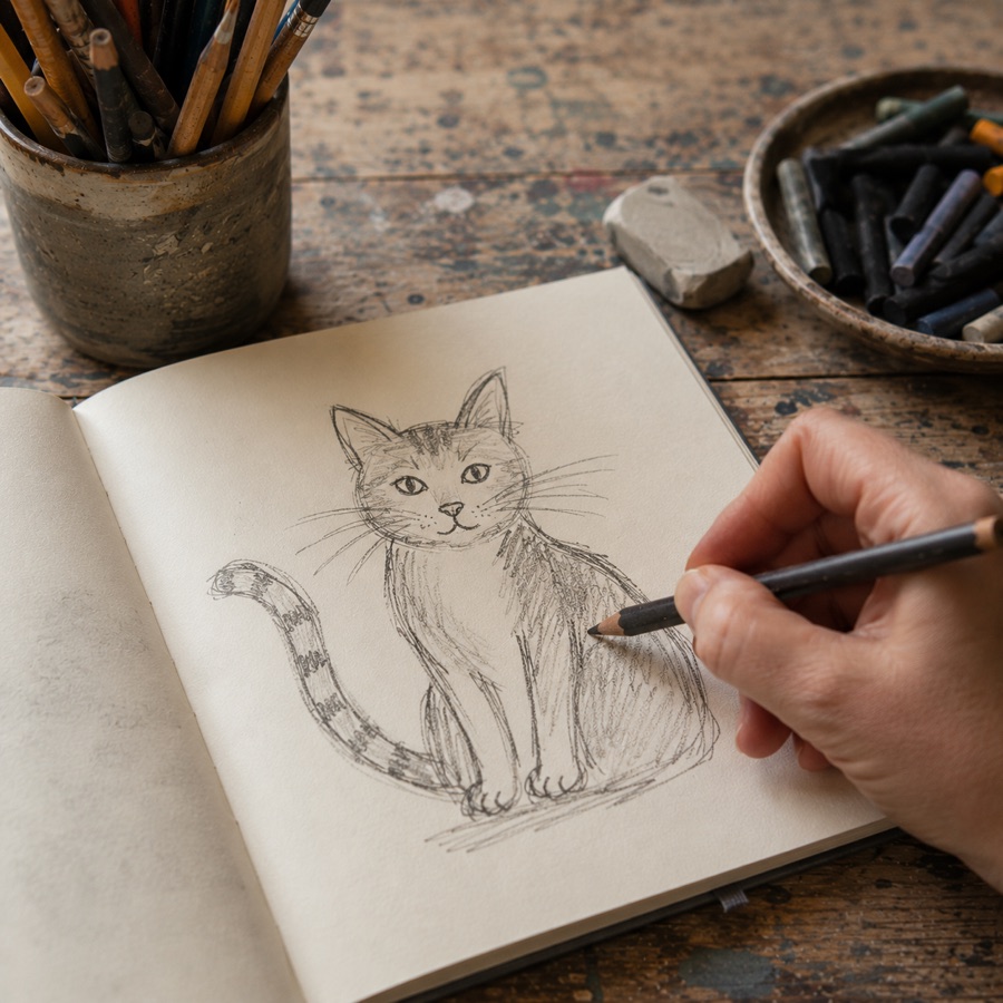 Drawing in a sketchbook with a pencil in the studio