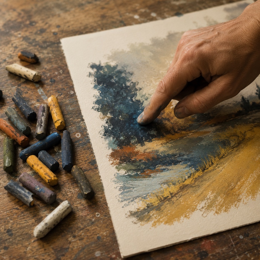 Blending oil pastels on paper in the studio